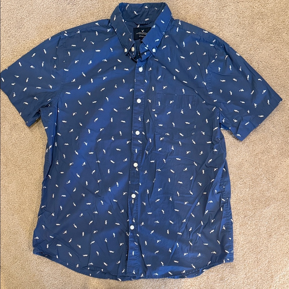 American Eagle Men's Blue Patterned Button-Down S… - image 1